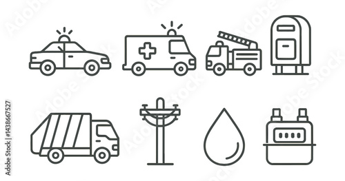 Essential services icons set – ambulance, firetruck, mailbox, garbage truck, utility pole, water drop, gas meter