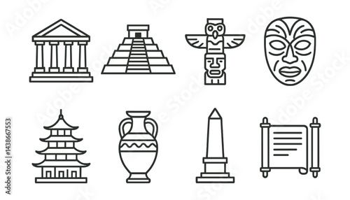 Global cultural heritage icons set – temple, pyramid, totem, mask, pagoda, vase, obelisk, scroll