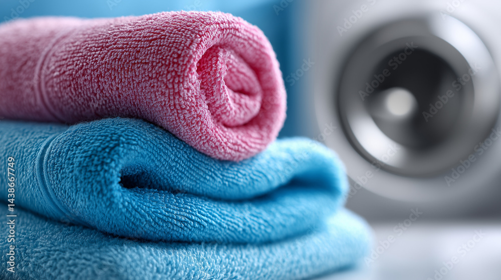 Gefaltete Handtücher in Pink und Blau in einem Wäschekorb vor unscharfer Waschmaschine