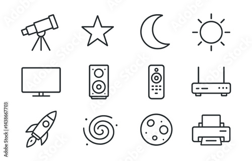 Linear style technology and astronomy icons set – telescope, star, moon, sun, rocket, speaker
