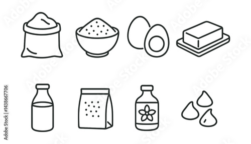 Essential baking ingredients icons set – flour, sugar, eggs, butter, milk, salt, vanilla, chocolate chips