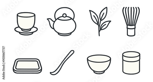 Linear tea ceremony icons set - cup, teapot, leaves, whisk, tray, spoon, bowl, jar