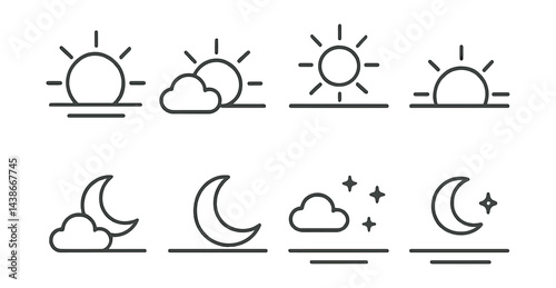 Linear sun and moon icons set – sunrise, sunset, sun, cloud, moon, night