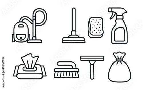 Cleaning tools icons set – vacuum, mop, sponge, spray, wipes, brush, squeegee, bag