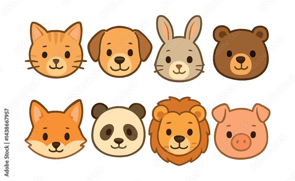 Adorable animal face icons set – cat, dog, rabbit, bear, fox, panda, lion, pig Adorable animal face icons set – cat, dog, rabbit, bear, fox, panda, lion, pig