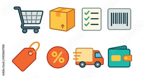 E-commerce essentials icon set – cart, package, checklist, barcode, tag, discount, delivery, wallet