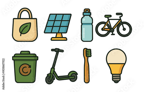 Eco lifestyle icons set – sustainability, solar, recycle, cycling, scooter, reusable, green energy