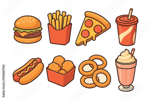 Colorful fast food icons set – burger, fries, pizza, soda, hot dog, nuggets, rings, shake