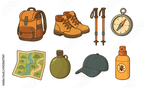 Outdoor adventure gear icons set – backpack, boots, poles, compass, map, canteen, cap, repellent