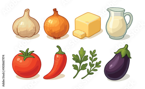 Colorful food icons set – garlic, onion, cheese, milk, tomato, pepper, parsley, eggplant