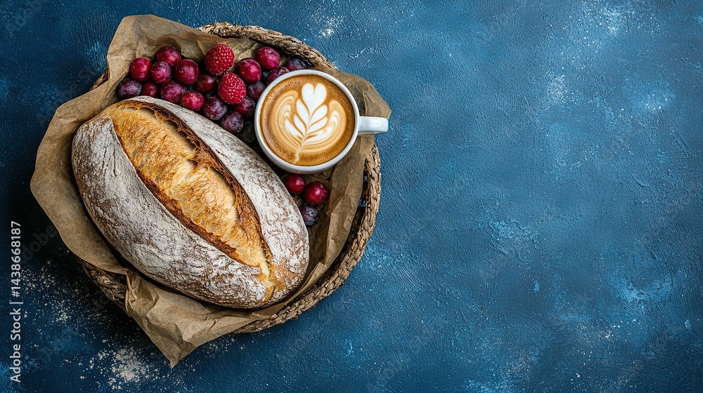 A loaf of bread, raspberries, and a cup of cappuccino on a blue surface