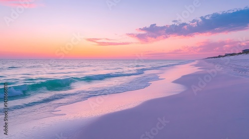 Fototapeta Naklejka Na Ścianę i Meble -  Serene pink sunset beach landscape soft waves ocean view sky sea sand calm shore coast water image