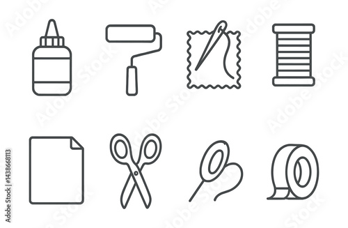 Craft tools icons set – glue, roller, needle, thread, scissors, tape, paper