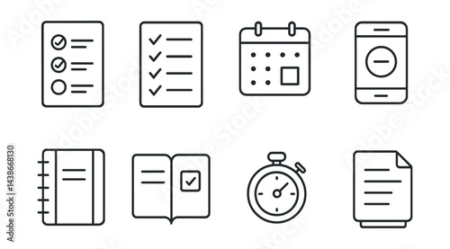 Minimal productivity icons set – checklist, calendar, mobile, notebook, stopwatch