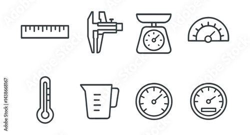 Linear measurement tools icons set – ruler, caliper, scale, gauge, thermometer, beaker
