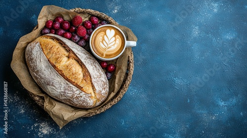 Obraz na płótnie A loaf of bread, raspberries, and a cup of cappuccino on a blue surface w salonie