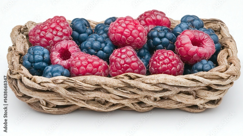A white wicker basket filled with vibrant red and blue berries against a crisp white background