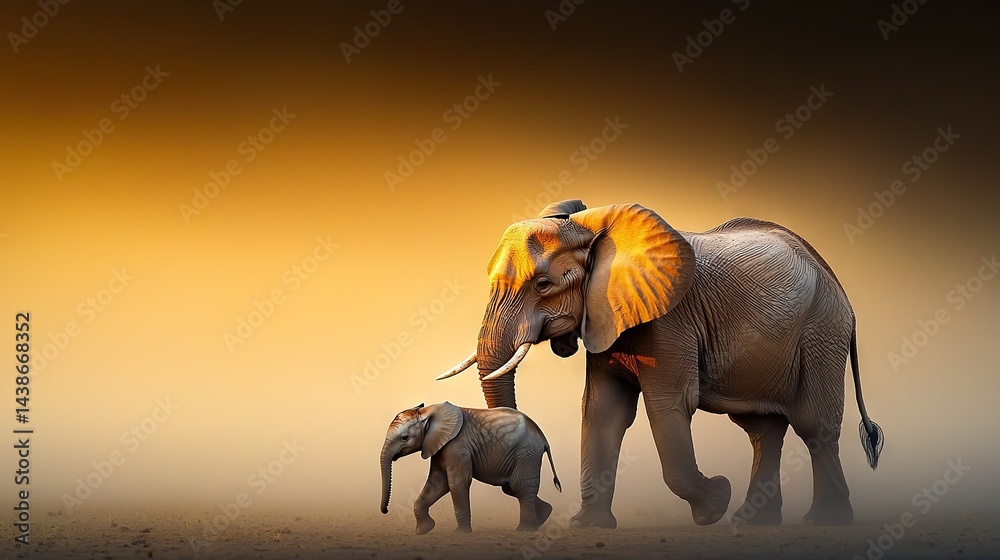 Two elephants stand beside one another atop a parched grassy field under a vibrant yellow sky