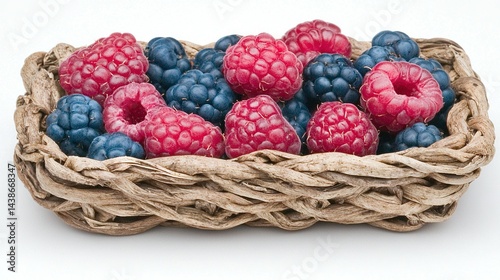 Obraz na płótnie A white wicker basket filled with vibrant red and blue berries against a crisp white background w salonie