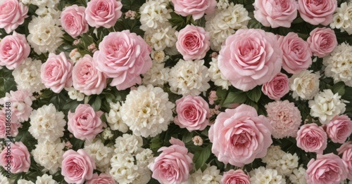 Elegant shabby chic artificial flower wall Pink roses, hydrangeas, daisies , bloom, backdrop, roses