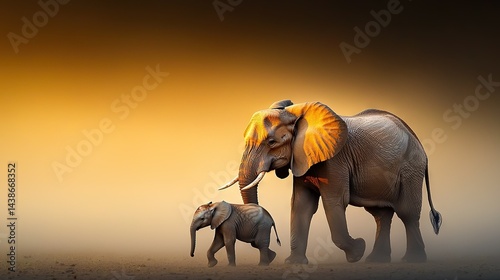   Two elephants stand beside one another atop a parched grassy field under a vibrant yellow sky