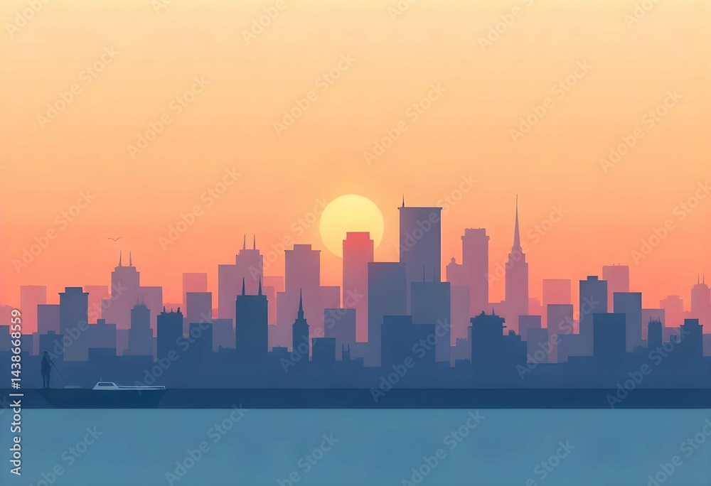 Naklejka premium Minimalist City Skyline Vector at Sunset