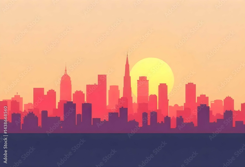 Naklejka premium Minimalist City Skyline Vector at Sunset
