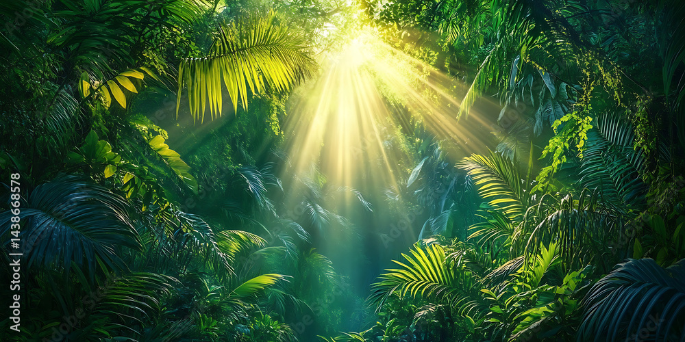 Fototapeta premium Sunlight shining through dense tropical jungle foliage