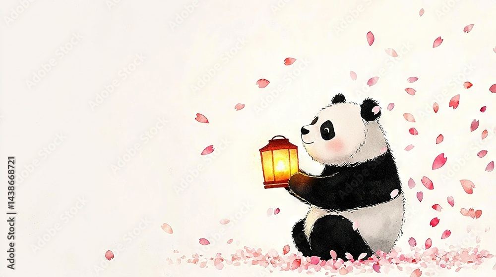 Panda bear with lantern and falling petals on white background