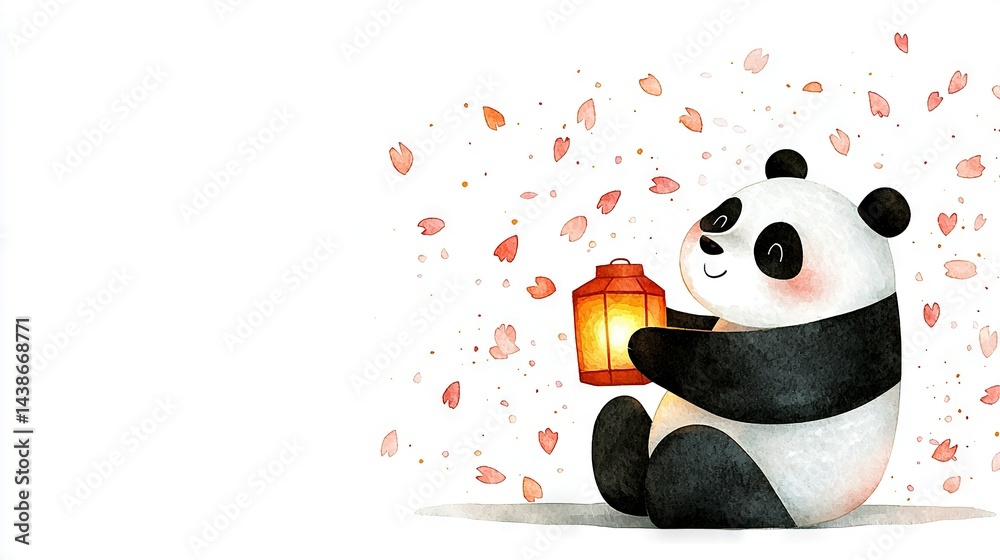 A pandora bear sitting on the ground and holding a lantern while surrounded by falling green leaves on a white background