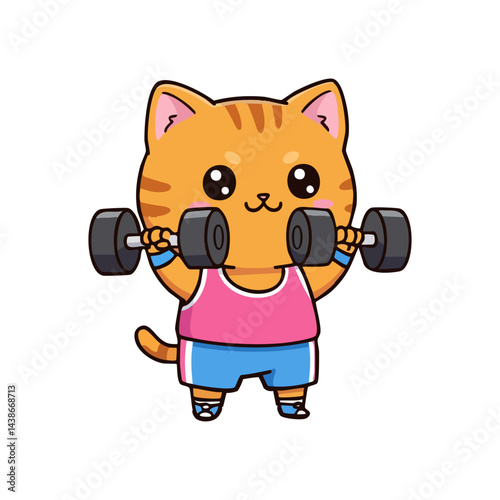 cute icon character cat lifting dumbbells.