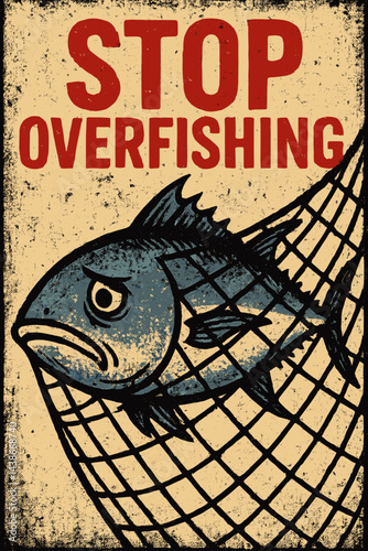 The image shows a stylized poster with the inscription "STOP OVERFISHING" and an image of a sad fish caught in a net