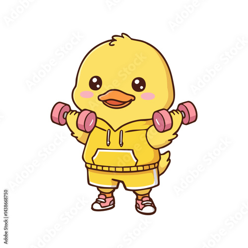 cute icon character yellow duck lifting dumbbells.