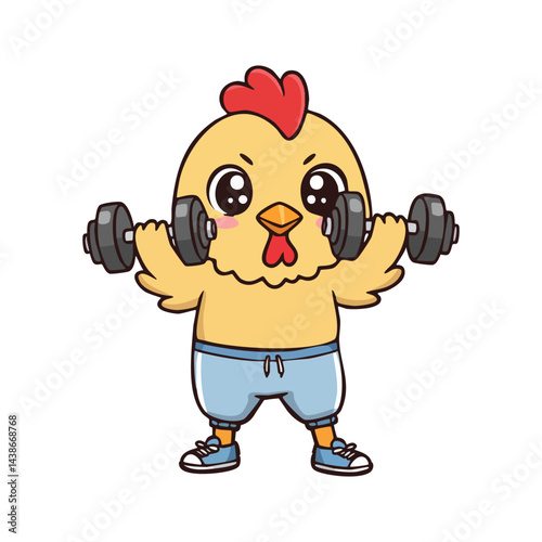 cute icon character rooster lifting dumbbells.