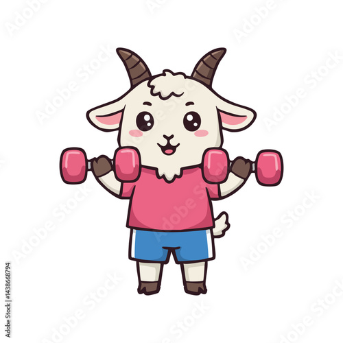 cute icon character goat lifting dumbbells.