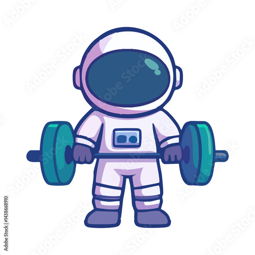 cute icon character astronaut lifting weights.
