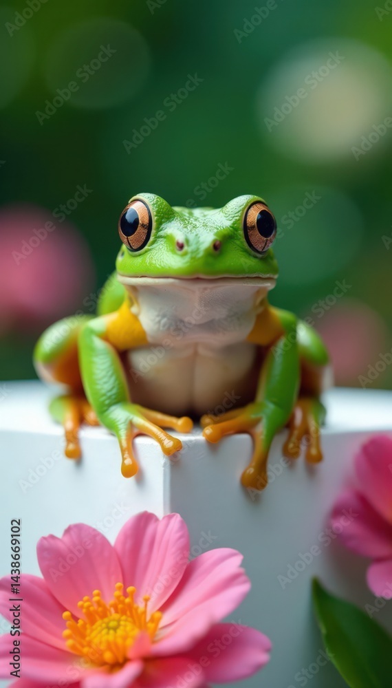 Naklejka premium Frog sitting on white panel with flowers , water feature, frog perched, greenery