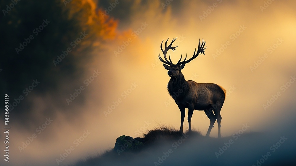 Deer on hill in foggy forest with trees in background