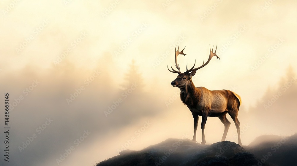 Deer perched atop foggy forest hill with birds on antlers