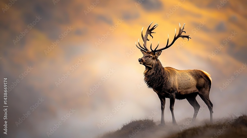 Red deer on green grass hill, antlers on its back, yellow sky in background