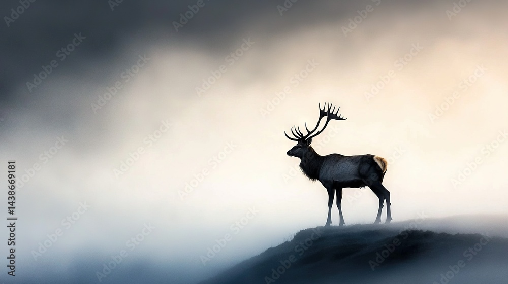 A deer on a hill in the fog with antlers