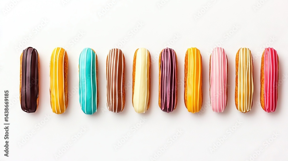 Colorful donuts in a row on a white table