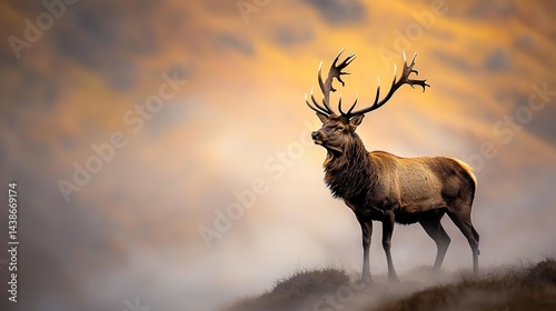   Red deer on green grass hill, antlers on its back, yellow sky in background