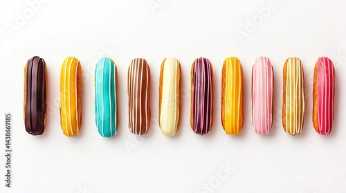   Colorful donuts in a row on a white table