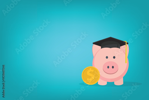 Graduation cost, expensive education, scholarship loan budget, education savings and investment concept. Piggy bank in flat design.	