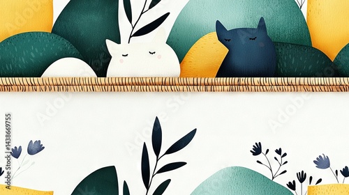   A wall with a painted feline in the center and vegetation on the opposite side