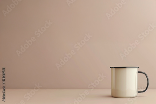 Mock-up de tasse blanche en métal émaillé avec anse noire sur fond beige uni avec espace négatif copyspace, concept minimaliste pour design de produit, branding ou présentation de boisson chaude.