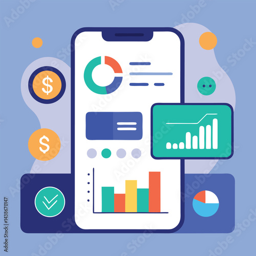 Clean and minimal vector concept of a mobile banking app UI, showing dashboard with charts, transactions and balance, futuristic and sleek