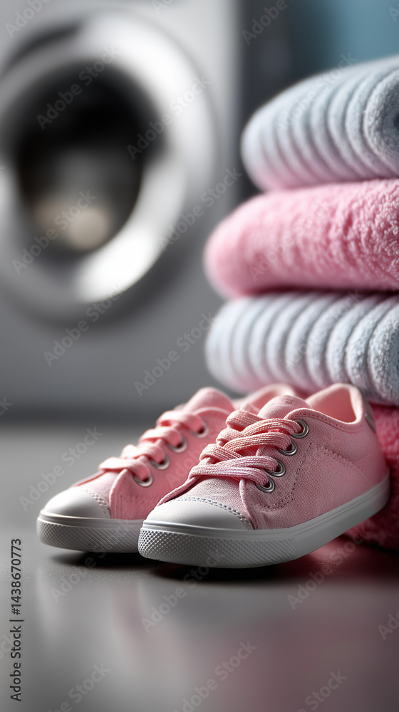 Rosa Kindersportschuhe mit gestapelten farbigen Textilien auf türkisem Hintergrund