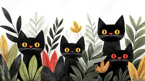   Black Cats Painting - A depiction of several black cats amidst vibrant green and orange foliage against a pure white canvas, featuring a prominent central black cat